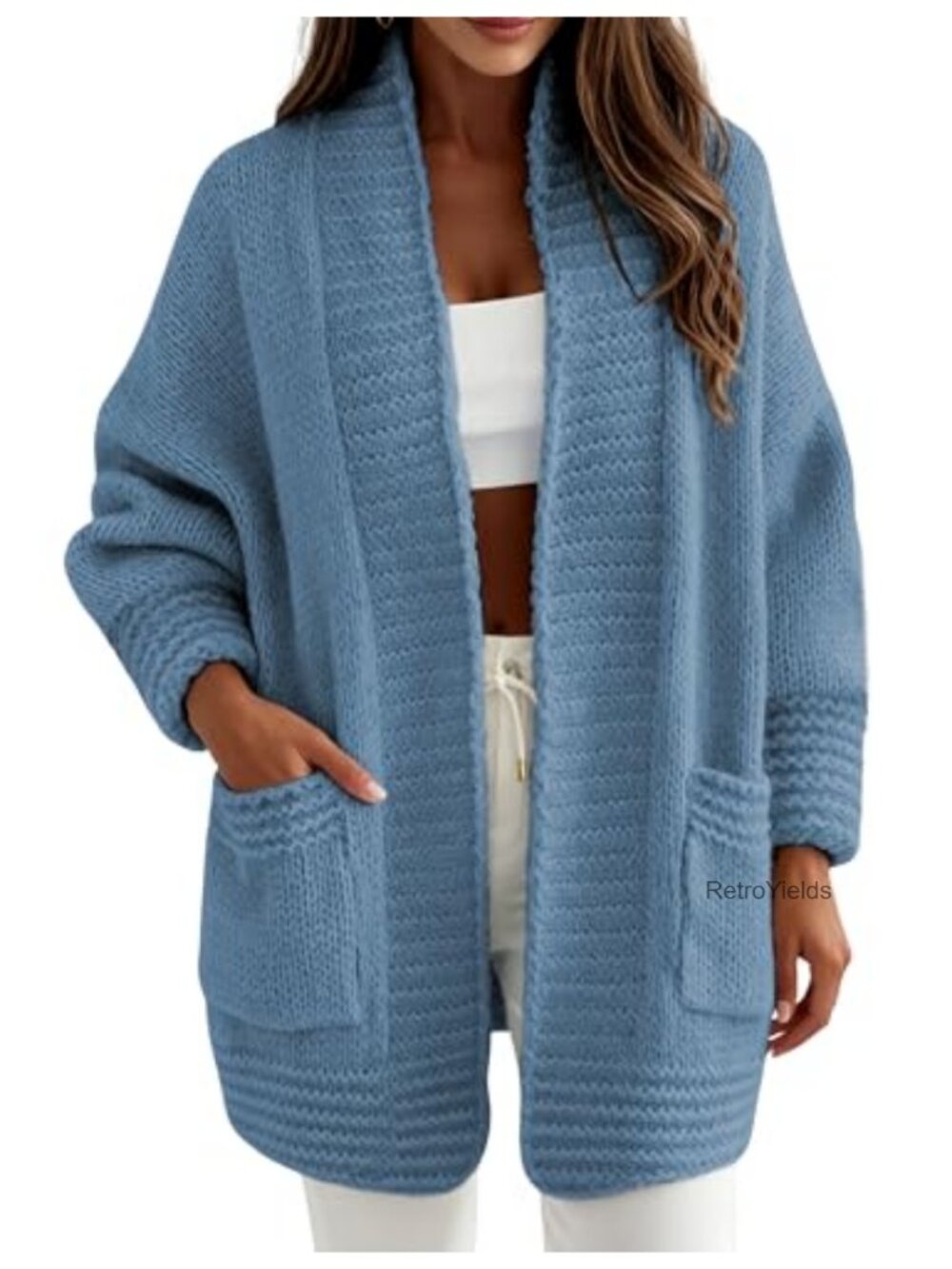 Womens Open Front Long Chunky Knit Cardigan Sweater with Pockets